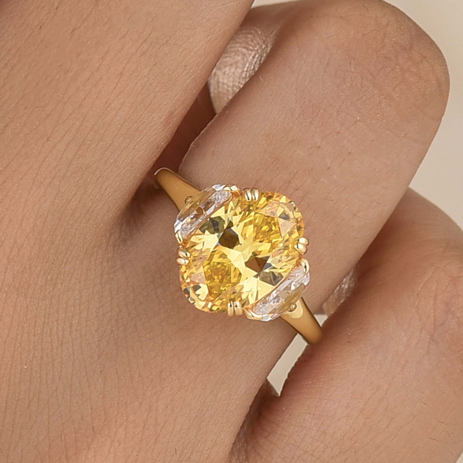 Three Stone 4.0Ct Light Yellow Oval Cut Statement Engagement Ring In Sterling Silver