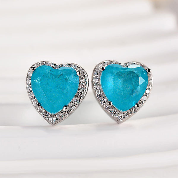 Halo Heart Shaped Paraiba Tourmaline Sterling Silver Women's Stud Earrings