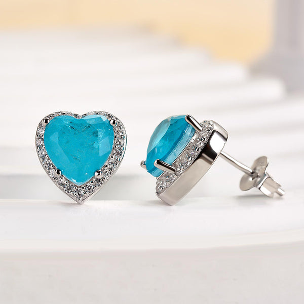 Halo Heart Shaped Paraiba Tourmaline Sterling Silver Women's Stud Earrings