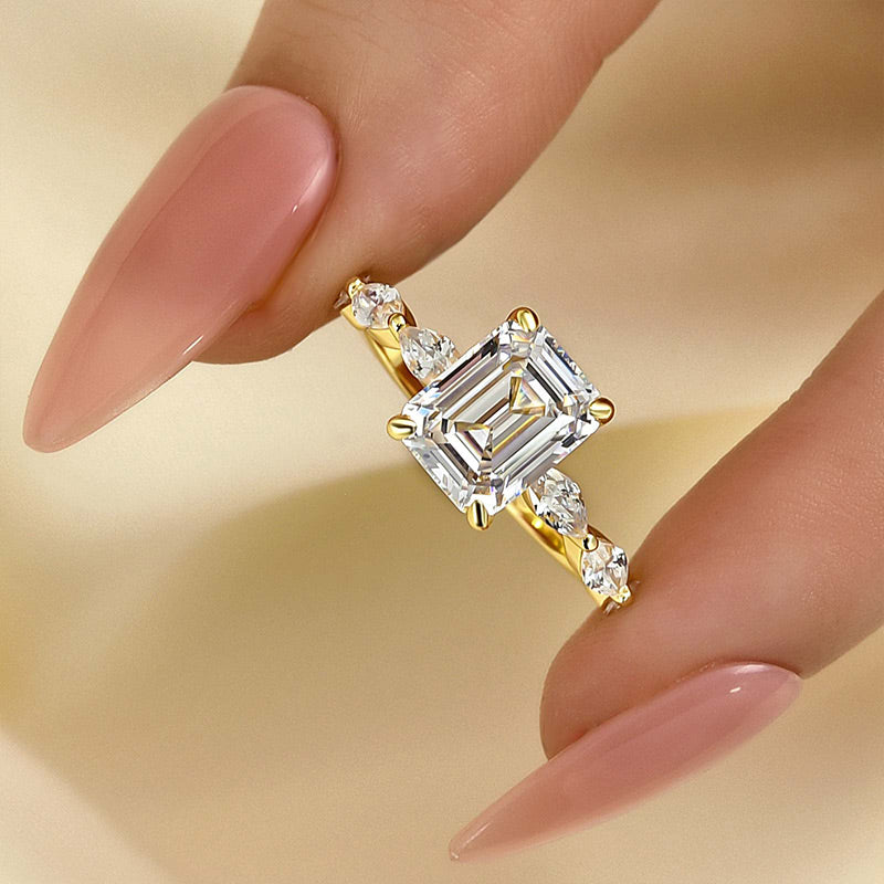 Louily Yellow Gold Emerald Cut Engagement Ring For Women - louilyjewelry