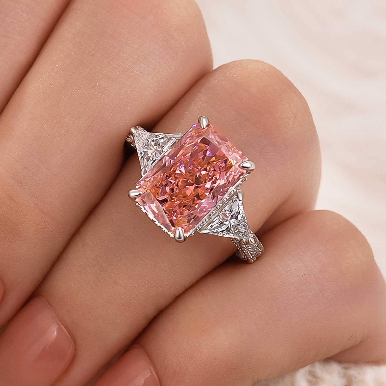 5.0 Carat Pink Radiant Cut Three Stone Engagement Ring With Hidden Halo