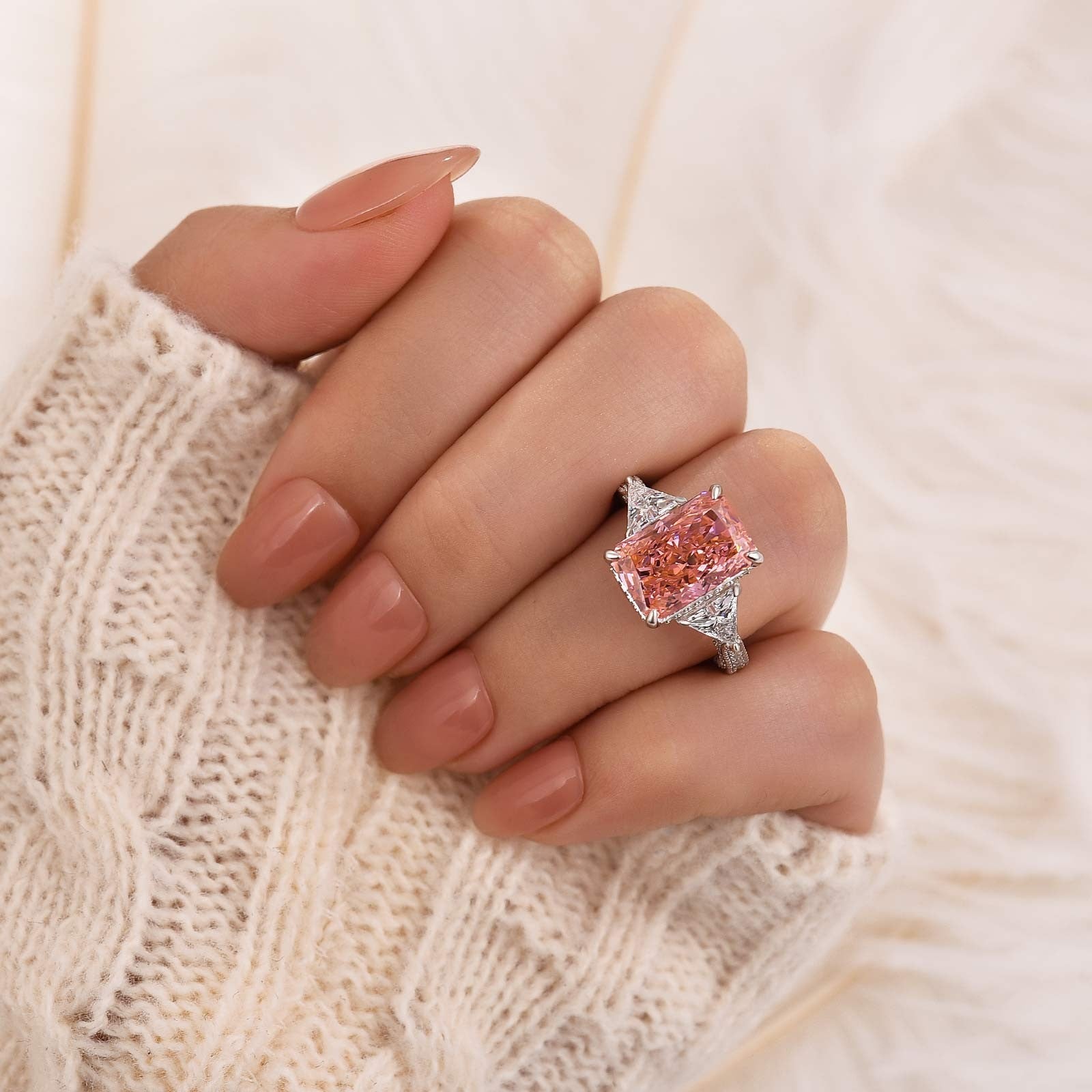 5.0 Carat Pink Radiant Cut Three Stone Engagement Ring With Hidden Halo