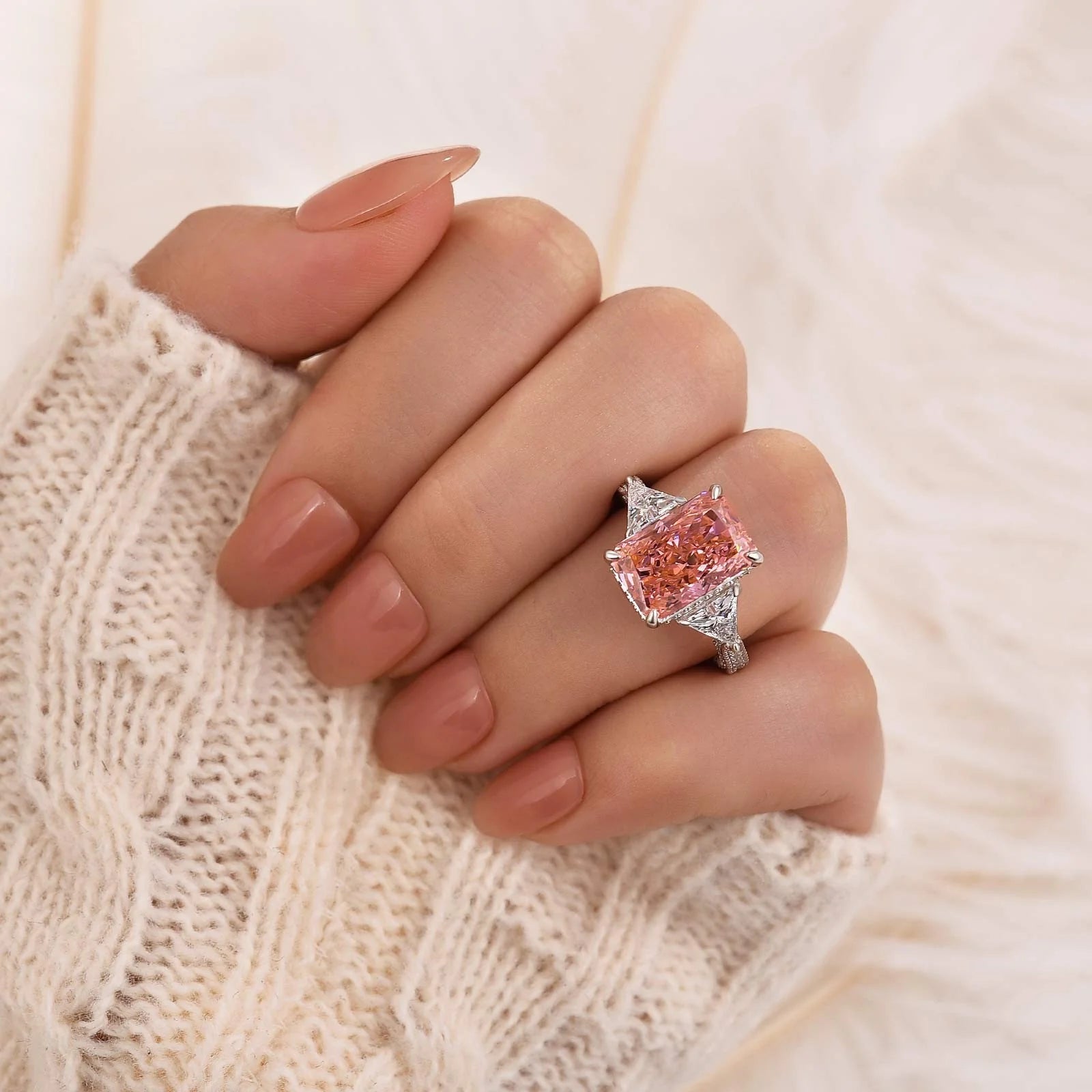 5.0 Carat Radiant Cut Three Stone Engagement Ring With Hidden Halo