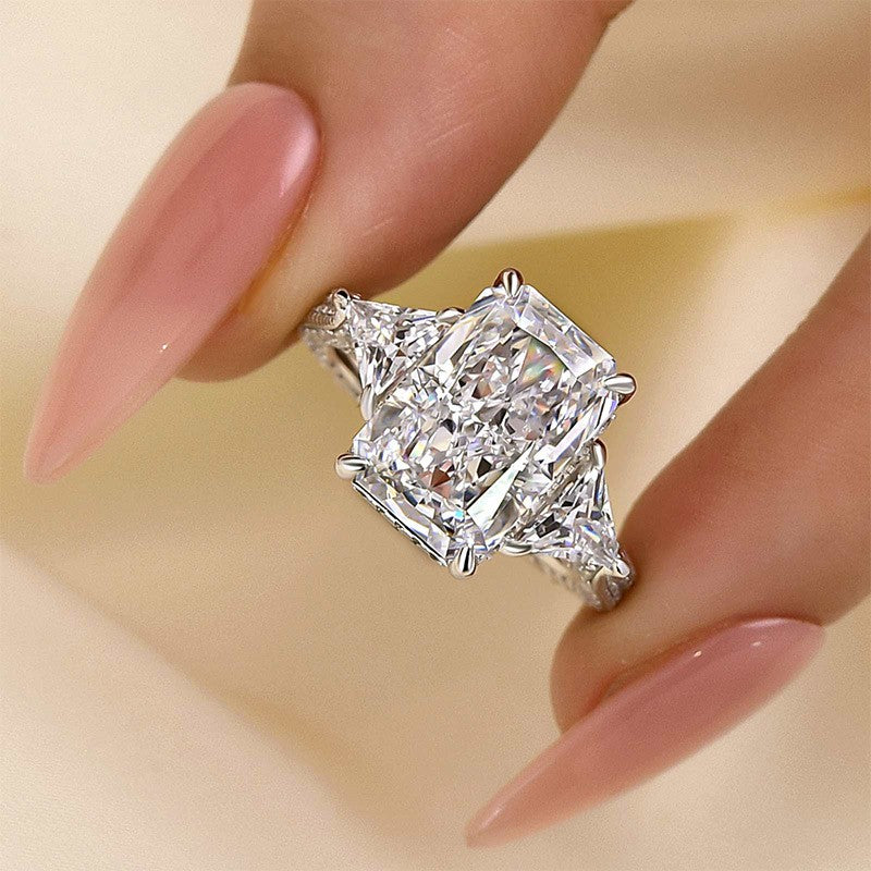 5.0 Carat Radiant Cut Three Stone Engagement Ring With Hidden Halo - louilyjewelry