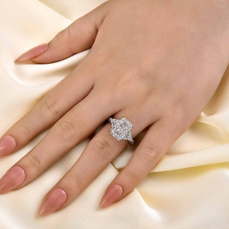 5.0 Carat Radiant Cut Three Stone Engagement Ring With Hidden Halo - louilyjewelry