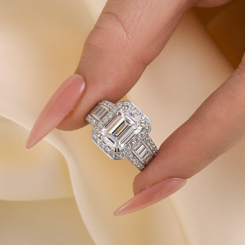 Louily Luxurious Emerald Cut Wide Engagement Ring In Sterling Silver - louilyjewelry