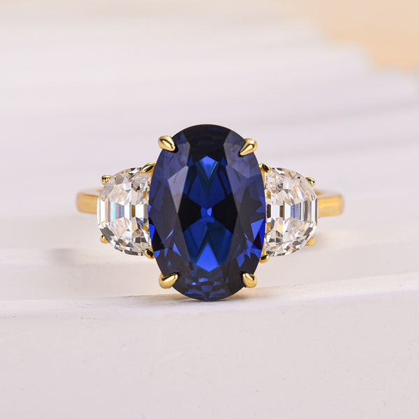 Louily Yellow Gold 3.5 Carat Blue Sapphire Oval Cut Three Stone Engagement Ring In Sterling Silver