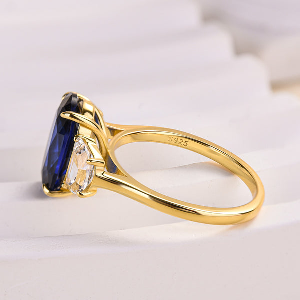 Louily Yellow Gold 3.5 Carat Blue Sapphire Oval Cut Three Stone Engagement Ring In Sterling Silver