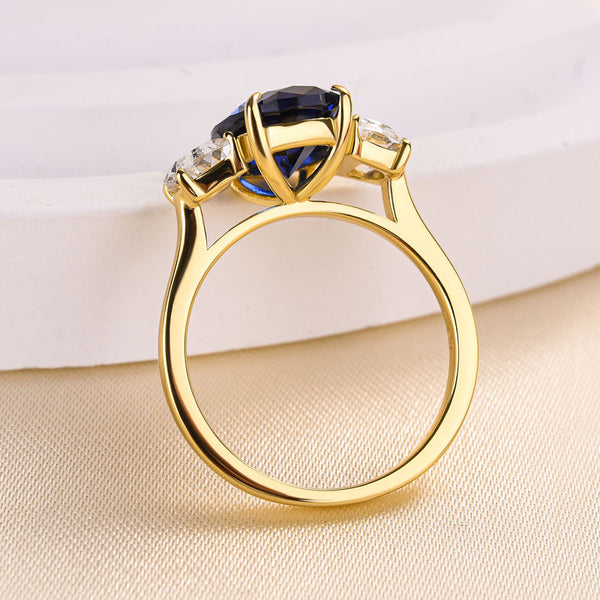 Louily Yellow Gold 3.5 Carat Blue Sapphire Oval Cut Three Stone Engagement Ring In Sterling Silver