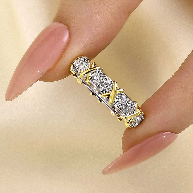 Louily Noble Round Cut Two-Tone X Wedding Band For Women - louilyjewelry