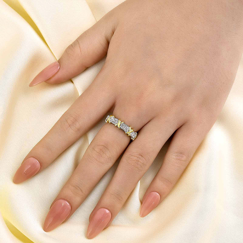 Louily Noble Round Cut Two-Tone X Wedding Band For Women - louilyjewelry