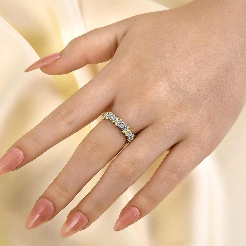 Louily Noble Round Cut Two-Tone X Wedding Band For Women - louilyjewelry