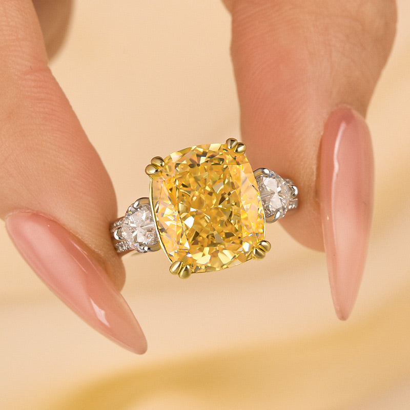 Louily Romantic Yellow Stone Cushion Cut Three Stone Engagement Ring - louilyjewelry