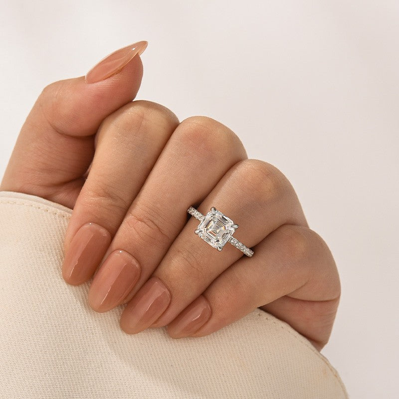 3.0Ct Asscher Cut White Gold Moissanite Diamond Engagement Ring