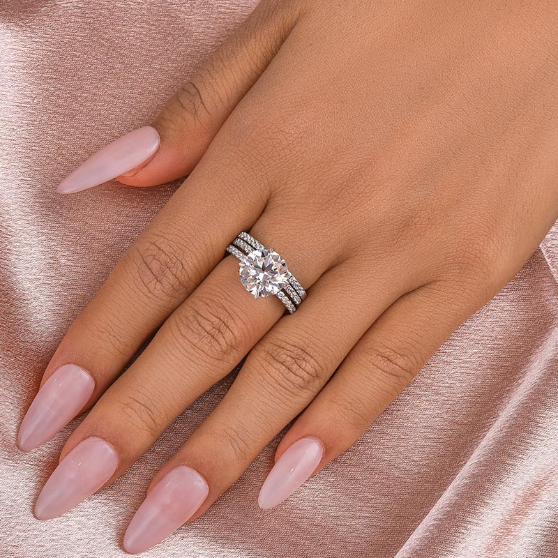 S925 3PC Wedding Ring Set 2.0 Ct Round Cut With 2PC Half Eternity Wedding Band Stackable Wedding Rings