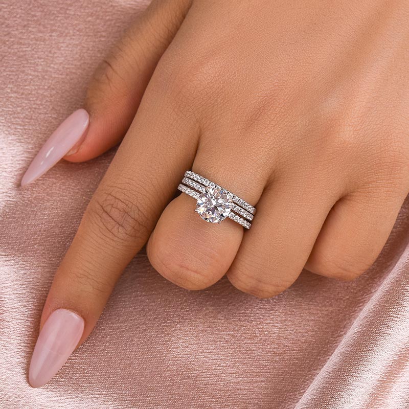 S925 3PC Wedding Ring Set 2.0 Ct Round Cut With 2PC Half Eternity Wedding Band Stackable Wedding Rings
