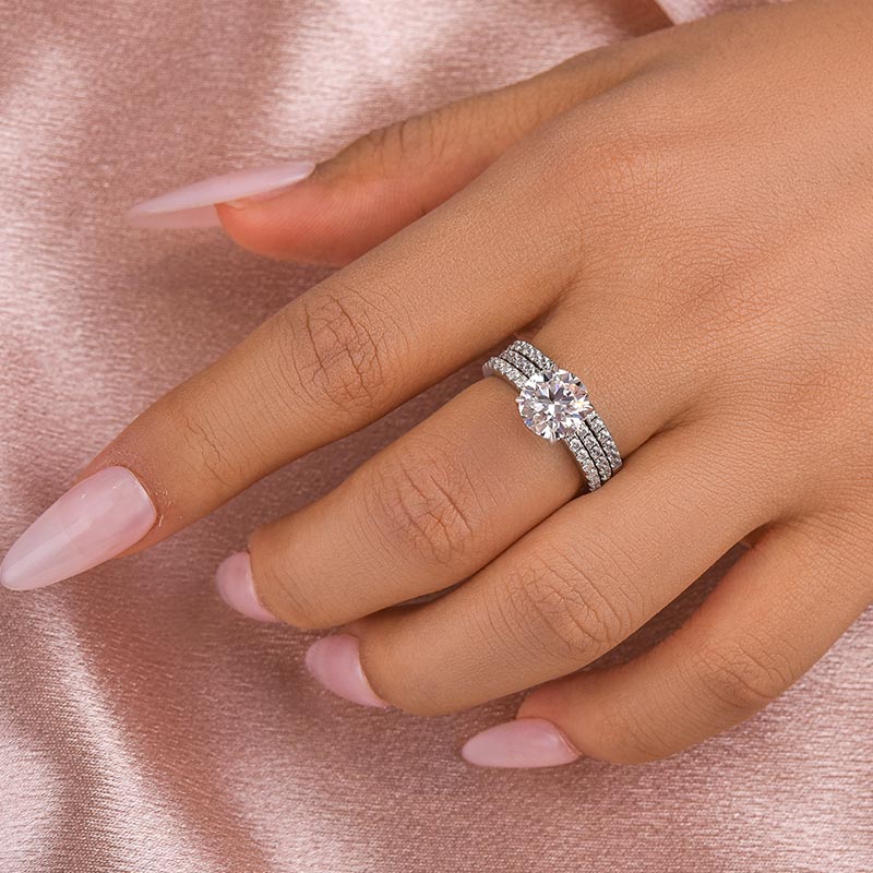 S925 3PC Wedding Ring Set 2.0 Ct Round Cut With 2PC Half Eternity Wedding Band Stackable Wedding Rings