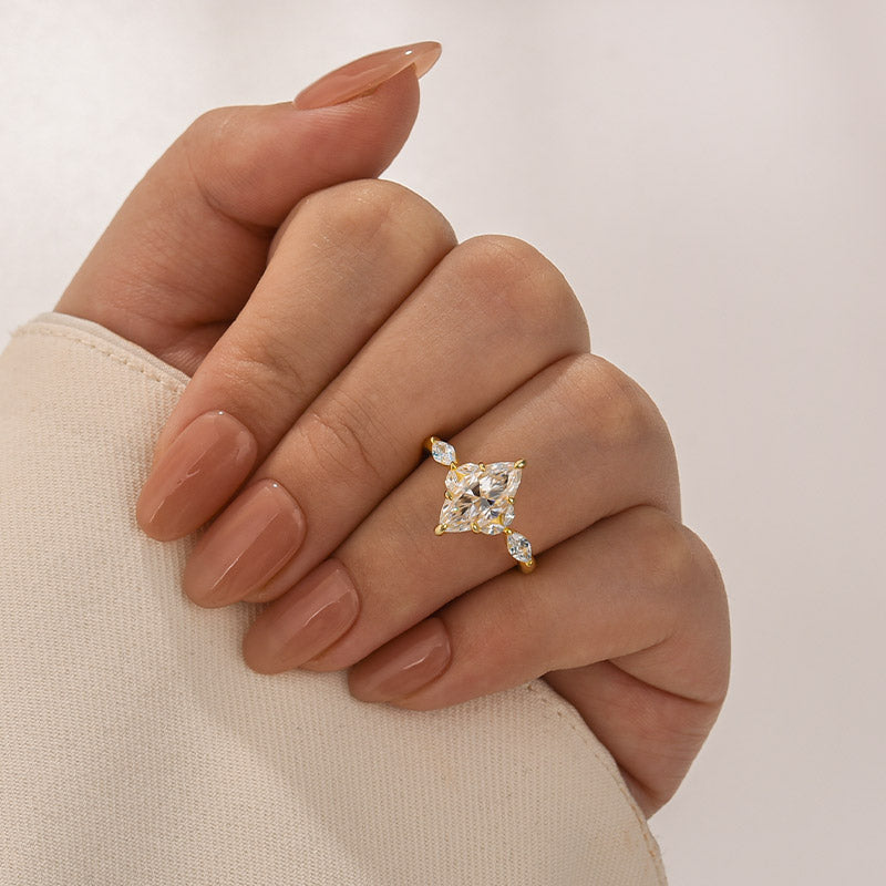 Moissanite 2.0Ct Marquise Stone with Two Designd Side Stone White Gold Engagement Ring