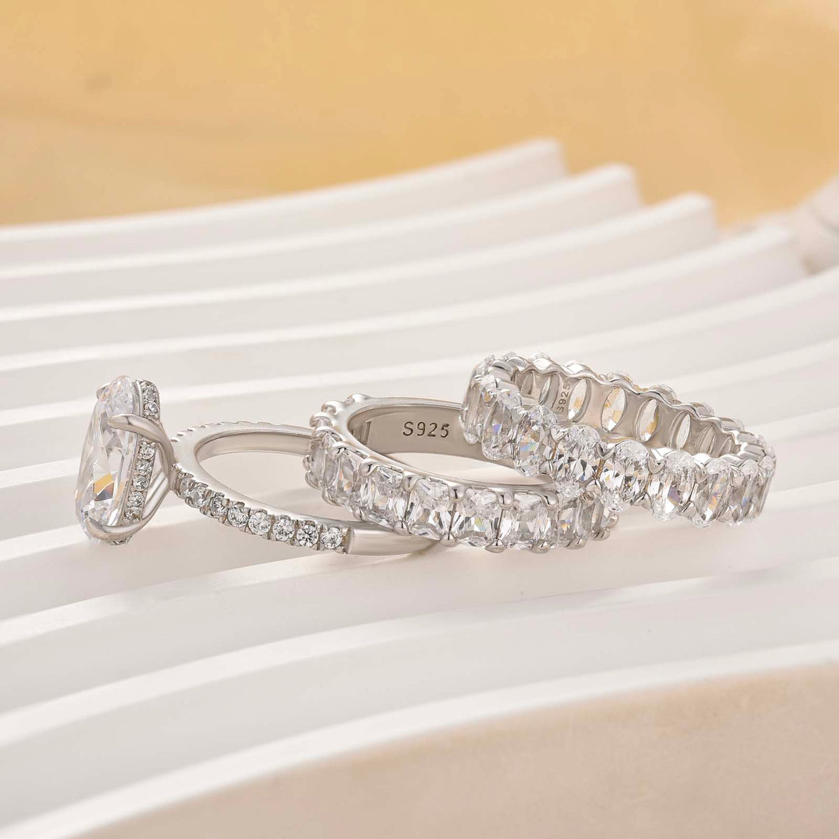 S925 3PC 4.0Ct Hidden Halo Oval Cut Engagement Ring & Wedding Band For Her