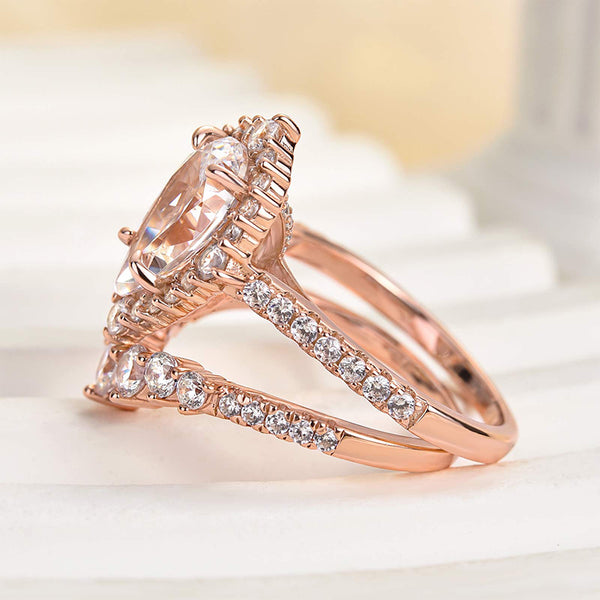 Louily Elegant Rose Gold 2.2 Carat Halo Pear Cut Bridal Ring Set In Sterling Silver