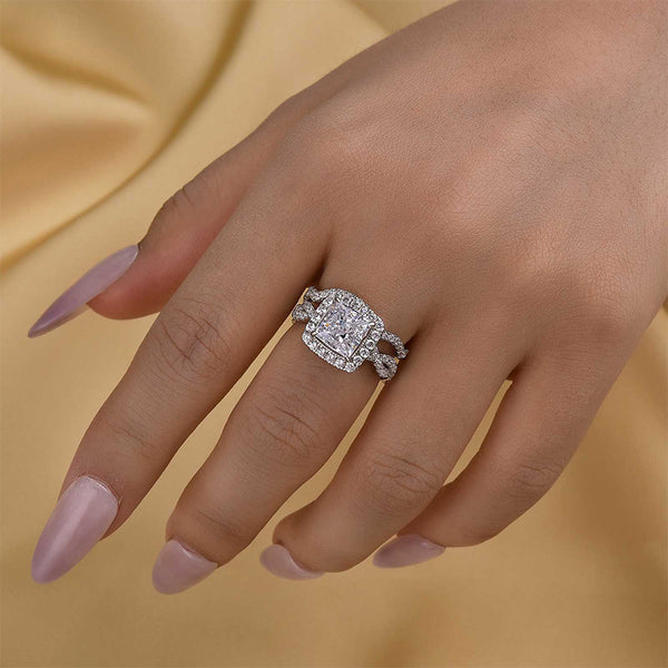 Louily Noble Halo Princess Cut Wedding Ring Set