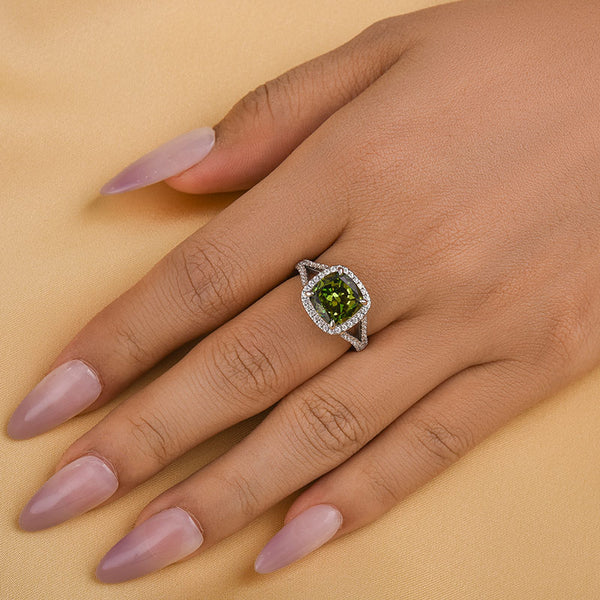 Louily Vintage Green Stone Split Shank Cushion Cut Engagement Ring