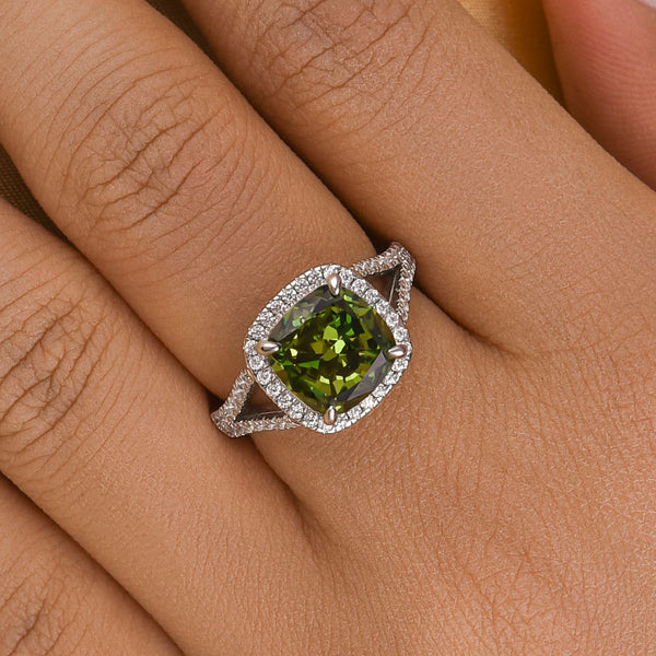 Louily Vintage Green Stone Split Shank Cushion Cut Engagement Ring