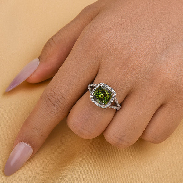 Louily Vintage Green Stone Split Shank Cushion Cut Engagement Ring