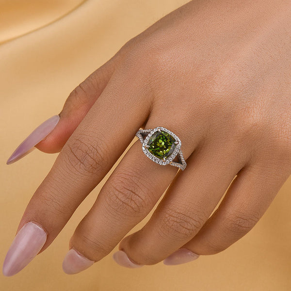 Louily Vintage Green Stone Split Shank Cushion Cut Engagement Ring