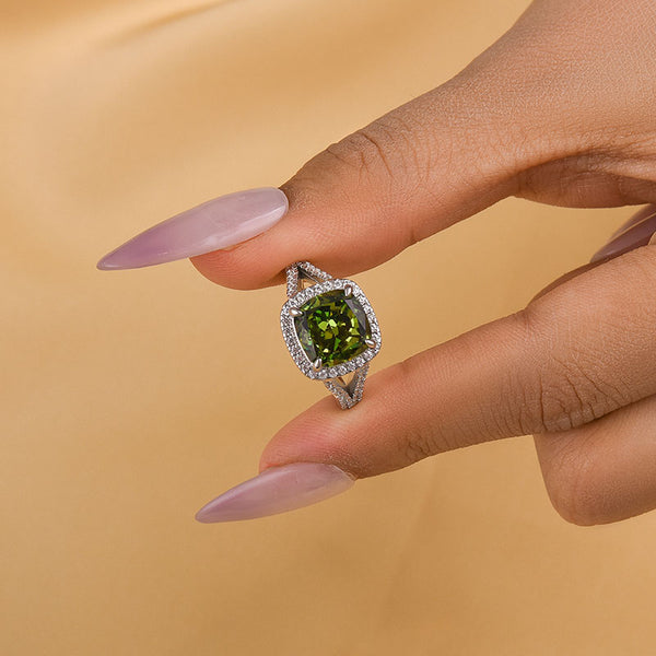 Louily Vintage Green Stone Split Shank Cushion Cut Engagement Ring