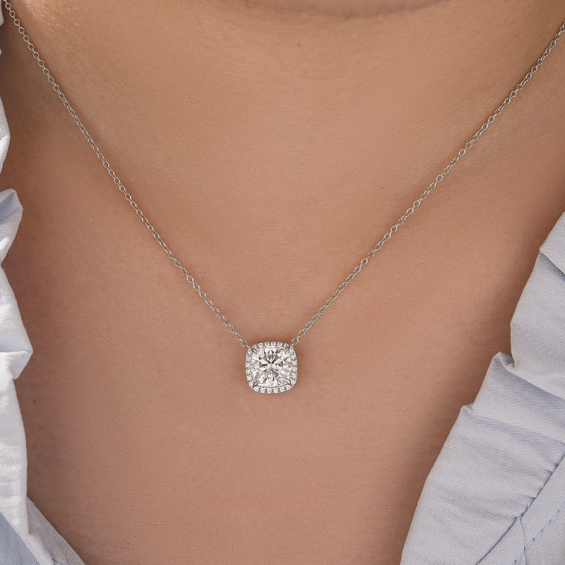 Louily Elegant Halo Cushion Cut Pendant Necklace
