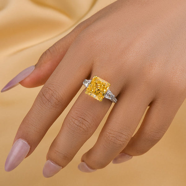 Louily Dazzling Yellow Stone Radiant Cut Three Stone Engagement Ring In Sterling Silver