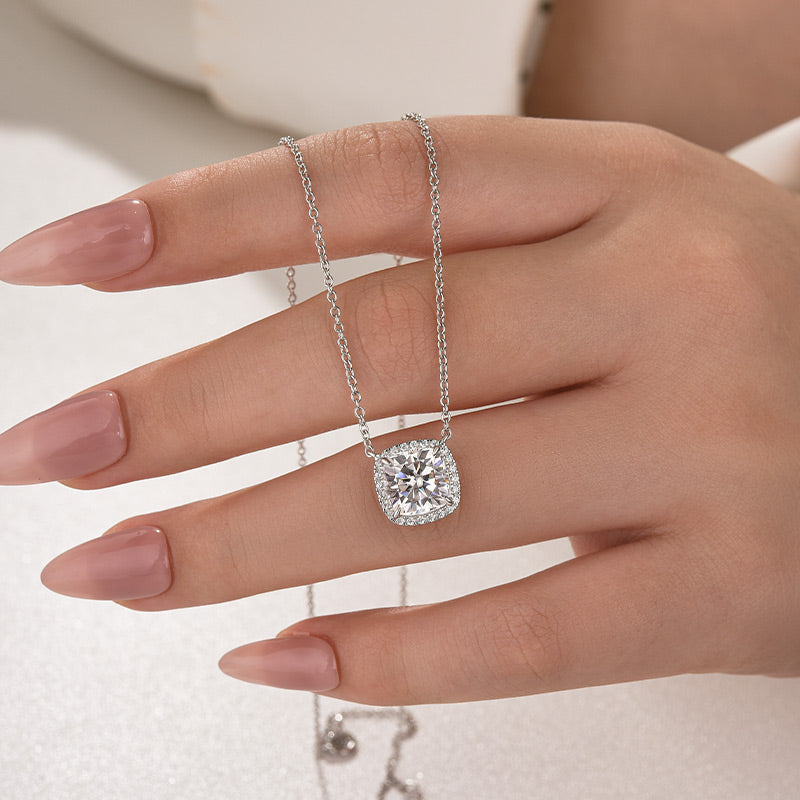 Louily Elegant Halo Cushion Cut Pendant Necklace
