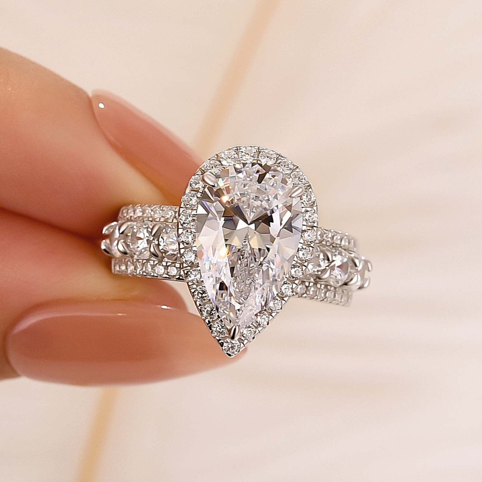 Luxe 4.0Ct Pear Cut Halo Engagement Ring Travel Ring In Sterling Silver