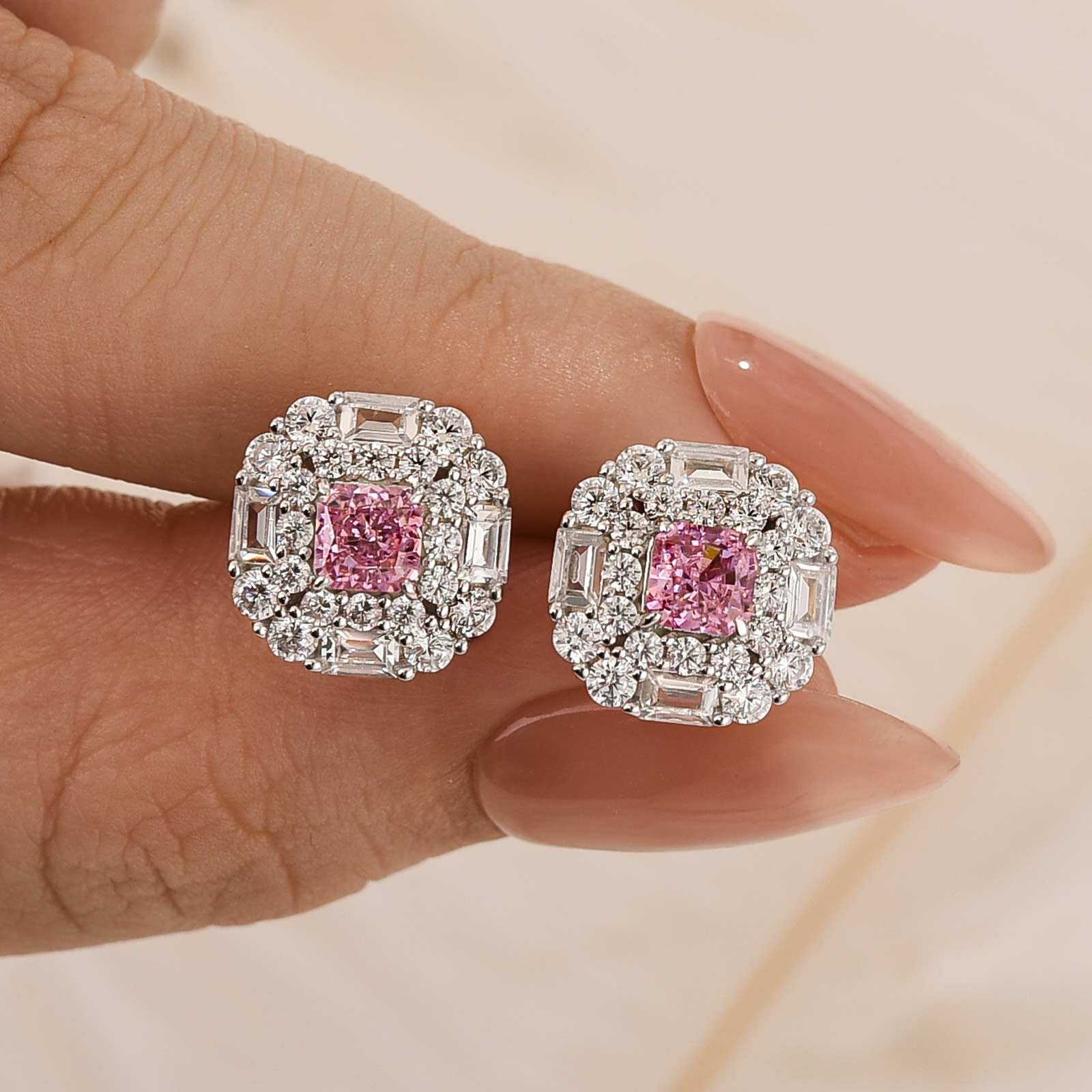 Lovely Radiant Cut Pink Stone Sterling Silver Earrings For Women