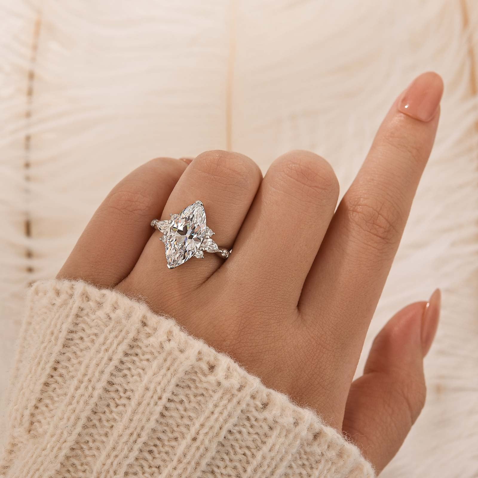 4.0Ct Marquise Cut White Stone with Round & Marquise Cut Side Stone Engagement Rings