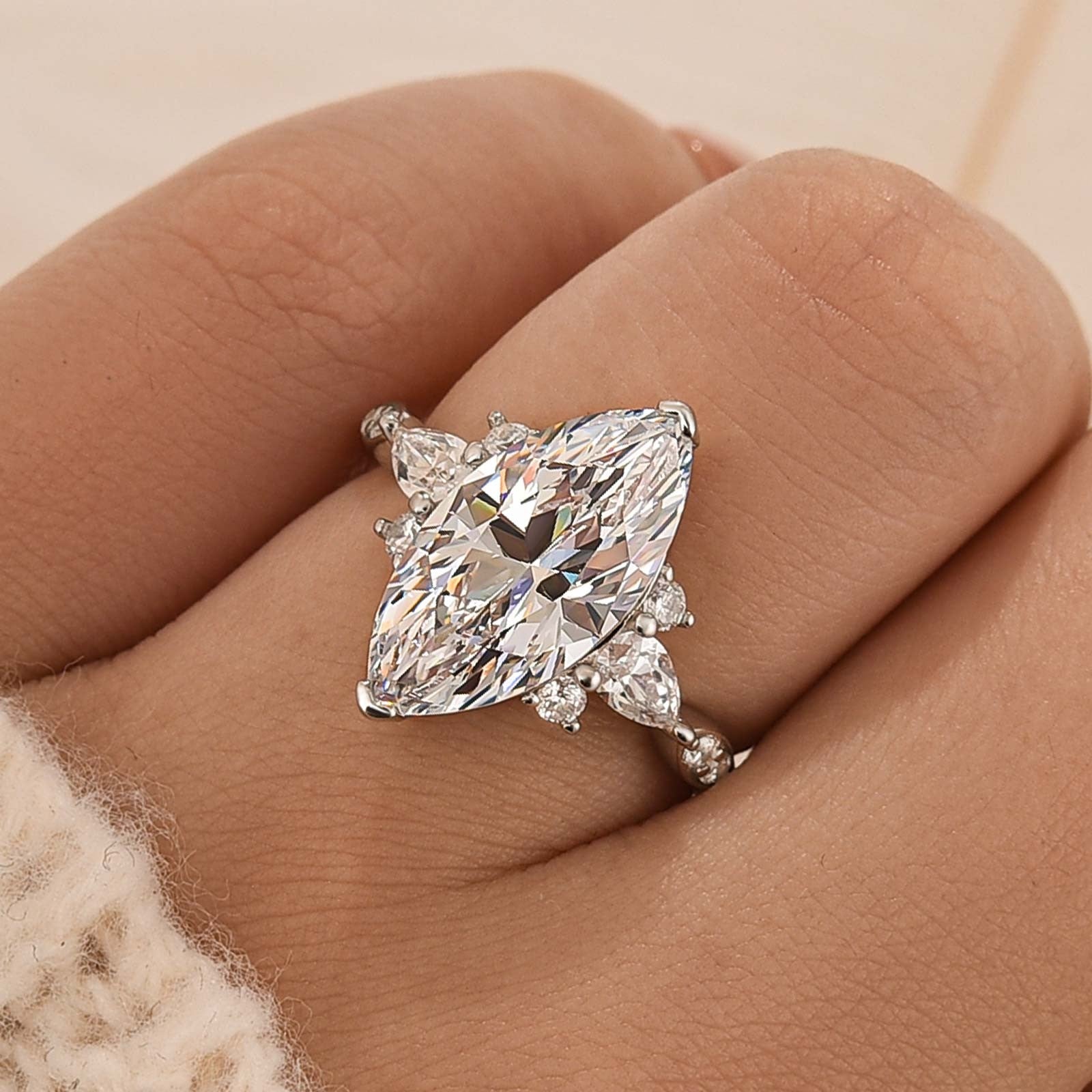 4.0Ct Marquise Cut White Stone with Round & Marquise Cut Side Stone Engagement Rings