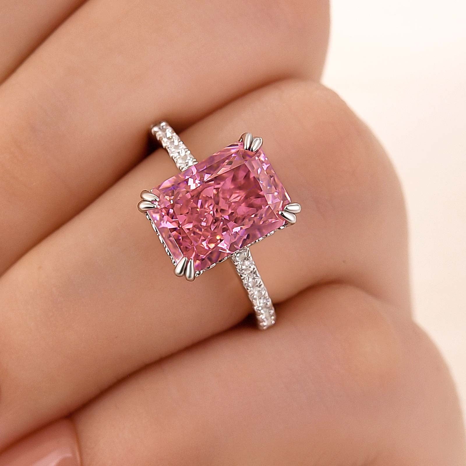 4.5Ct Elegant Radiant Cut Pink Stone Engagement Ring In Sterling Silver