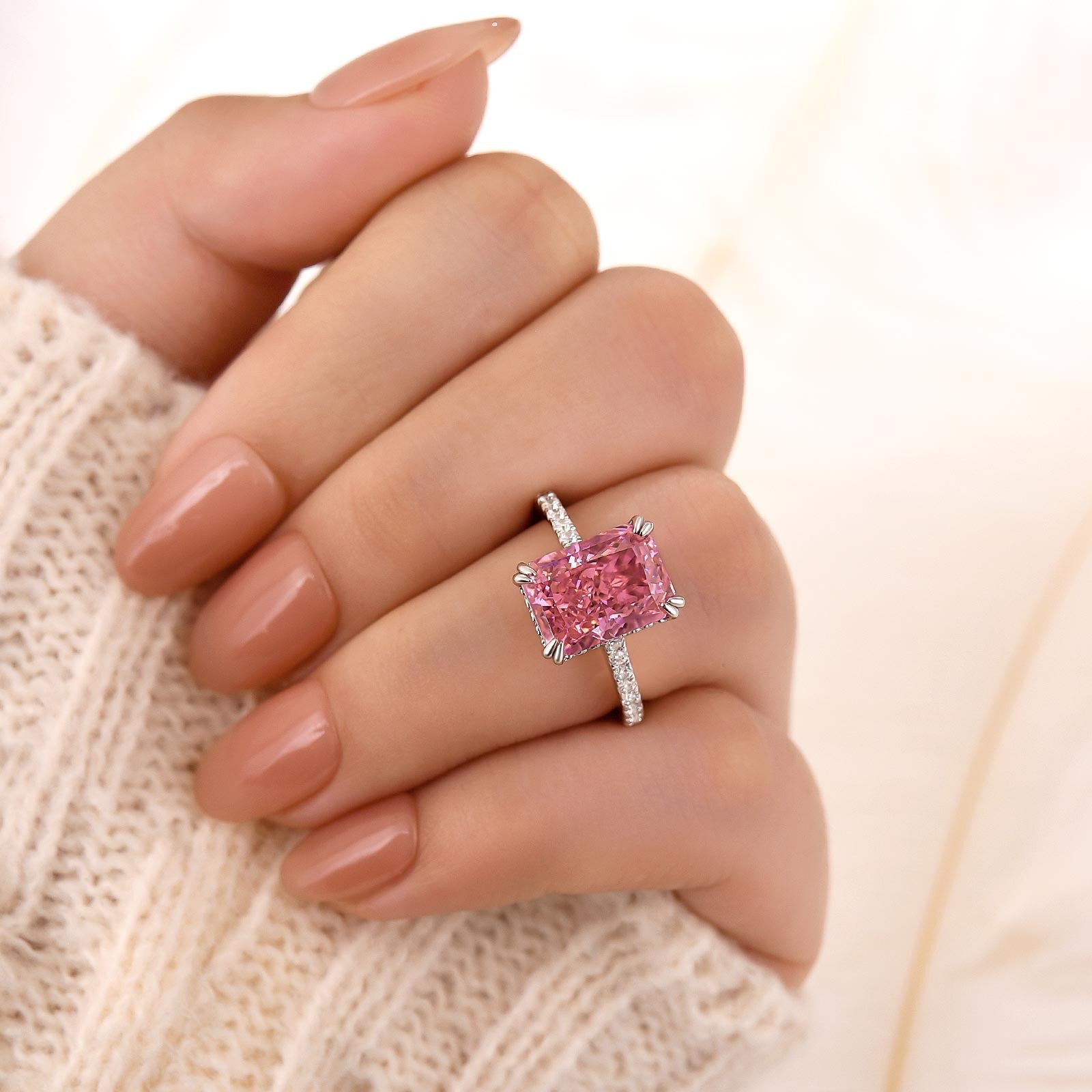 4.5Ct Elegant Radiant Cut Pink Stone Engagement Ring In Sterling Silver