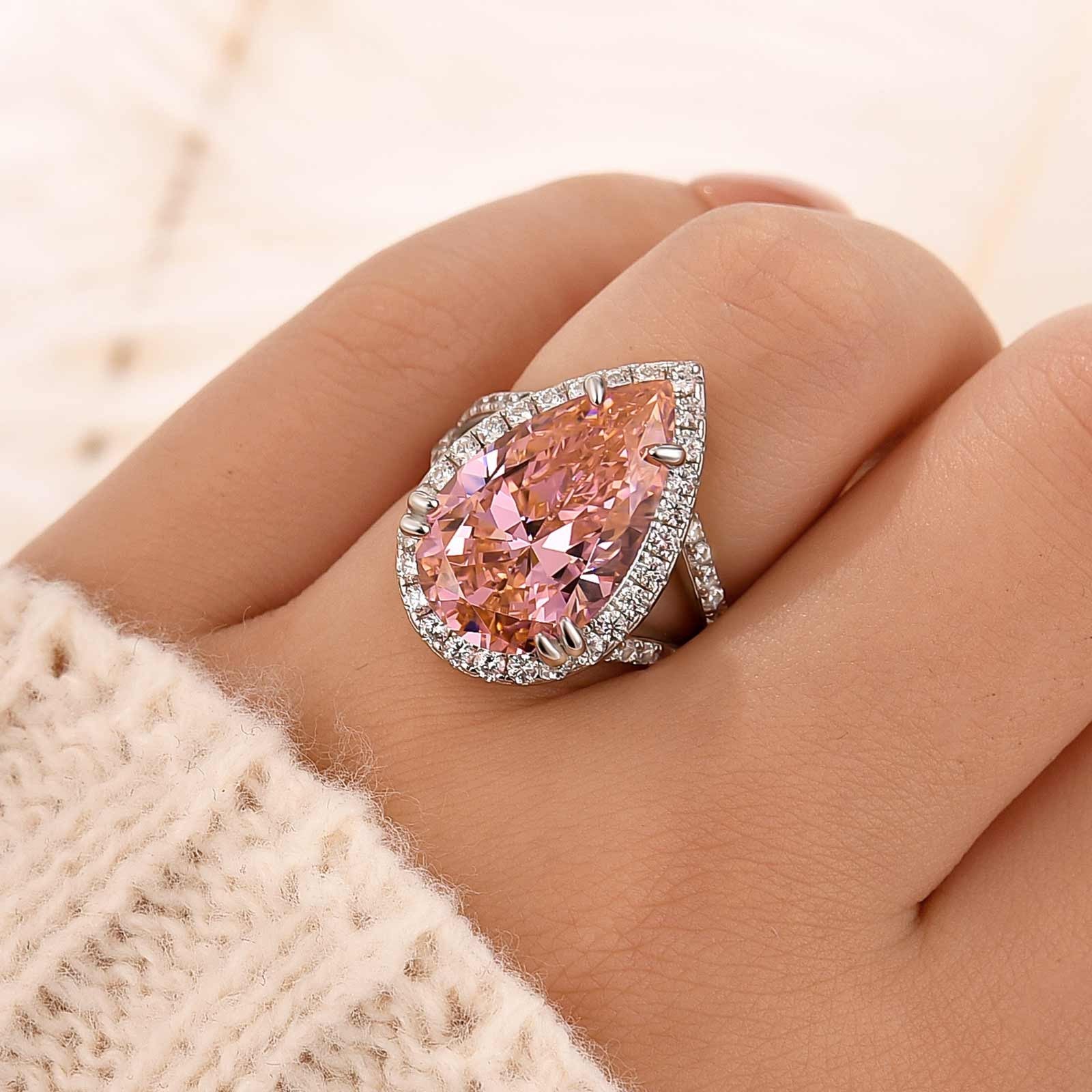 6.5Ct Pear Cut Pink Stone Halo Engagement Ring In Sterling Silver