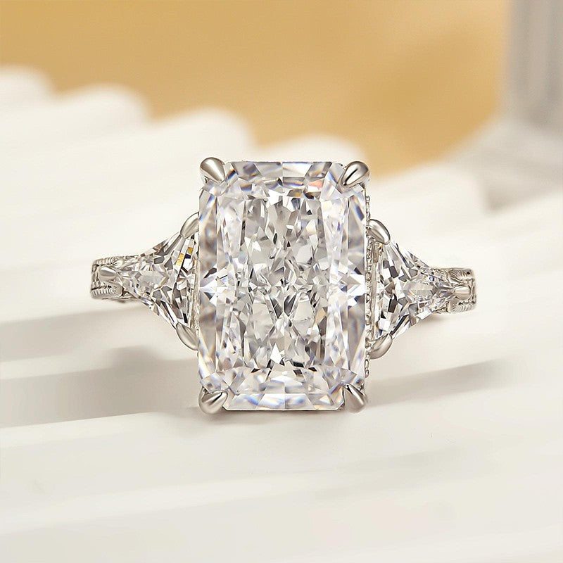 5.0 Carat Radiant Cut Three Stone Engagement Ring With Hidden Halo - louilyjewelry