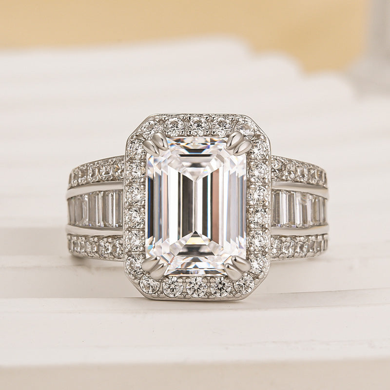 Louily Luxurious Emerald Cut Wide Engagement Ring In Sterling Silver - louilyjewelry