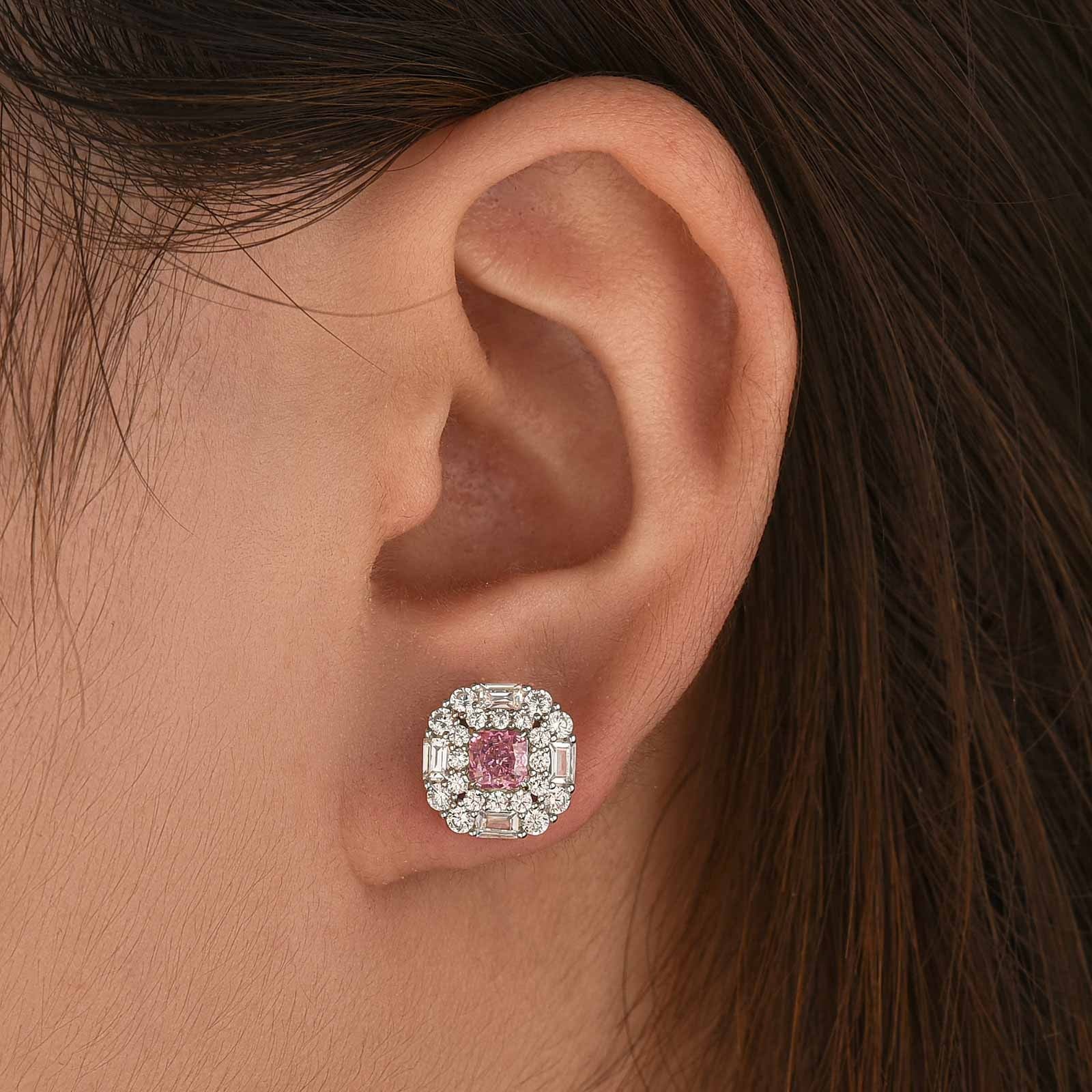 Lovely Radiant Cut Pink Stone Sterling Silver Earrings For Women