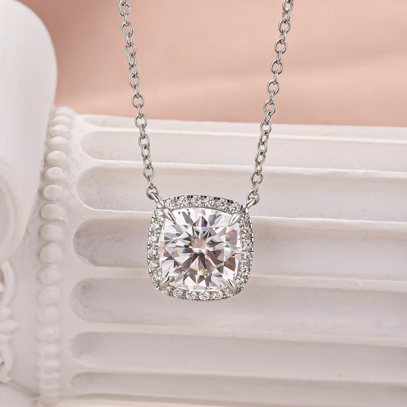 Louily Elegant Halo Cushion Cut Pendant Necklace