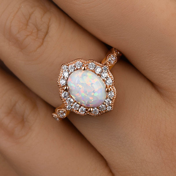 Louily Vintage Rose Gold Oval Cut Opal Engagement Ring In Sterling Silver