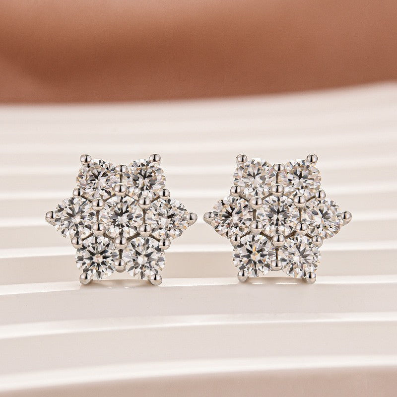 Moissanite Sunflower Stud Earrings with Round White Stones in Sterling Silver