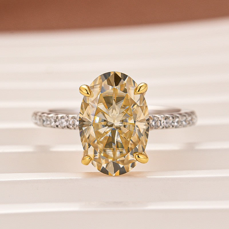 Moissanite 4.0Ct Oval Cut Champagne Hidden Halo Two-Tone Engagement Ring