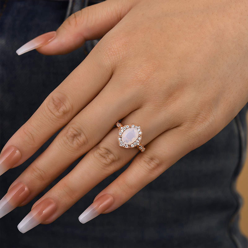 Louily Rose Gold Oval Cut Moonstone Engagement Ring In Sterling Silver - louilyjewelry