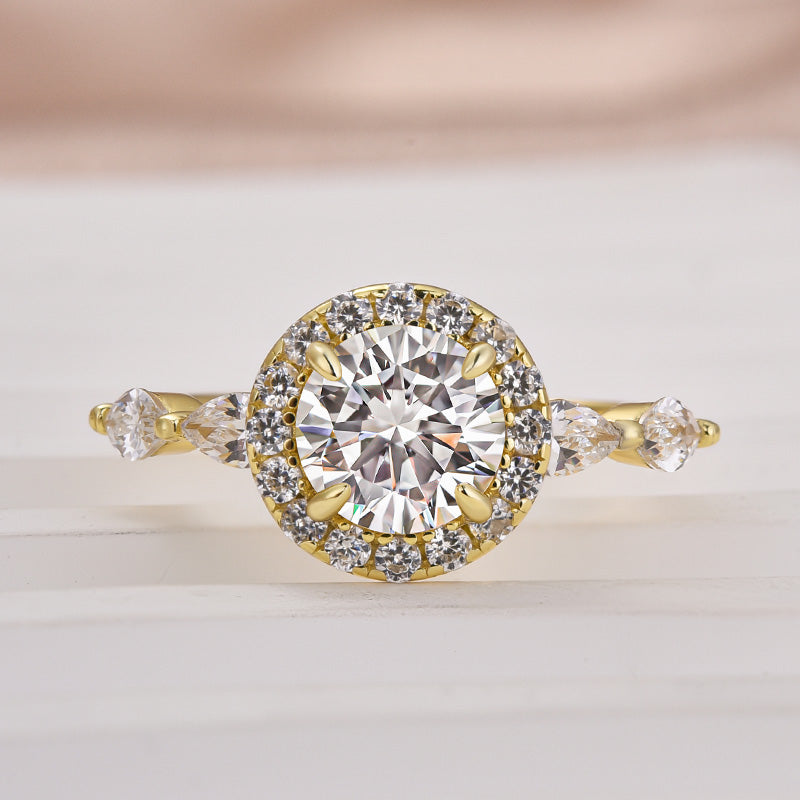 Louily Moissanite 1.0 Ct Halo Round Cut Yellow Gold Promise Ring - louilyjewelry