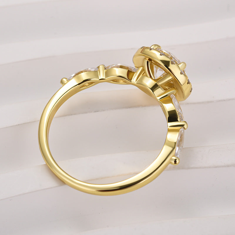 Louily Moissanite 1.0 Ct Halo Round Cut Yellow Gold Promise Ring - louilyjewelry